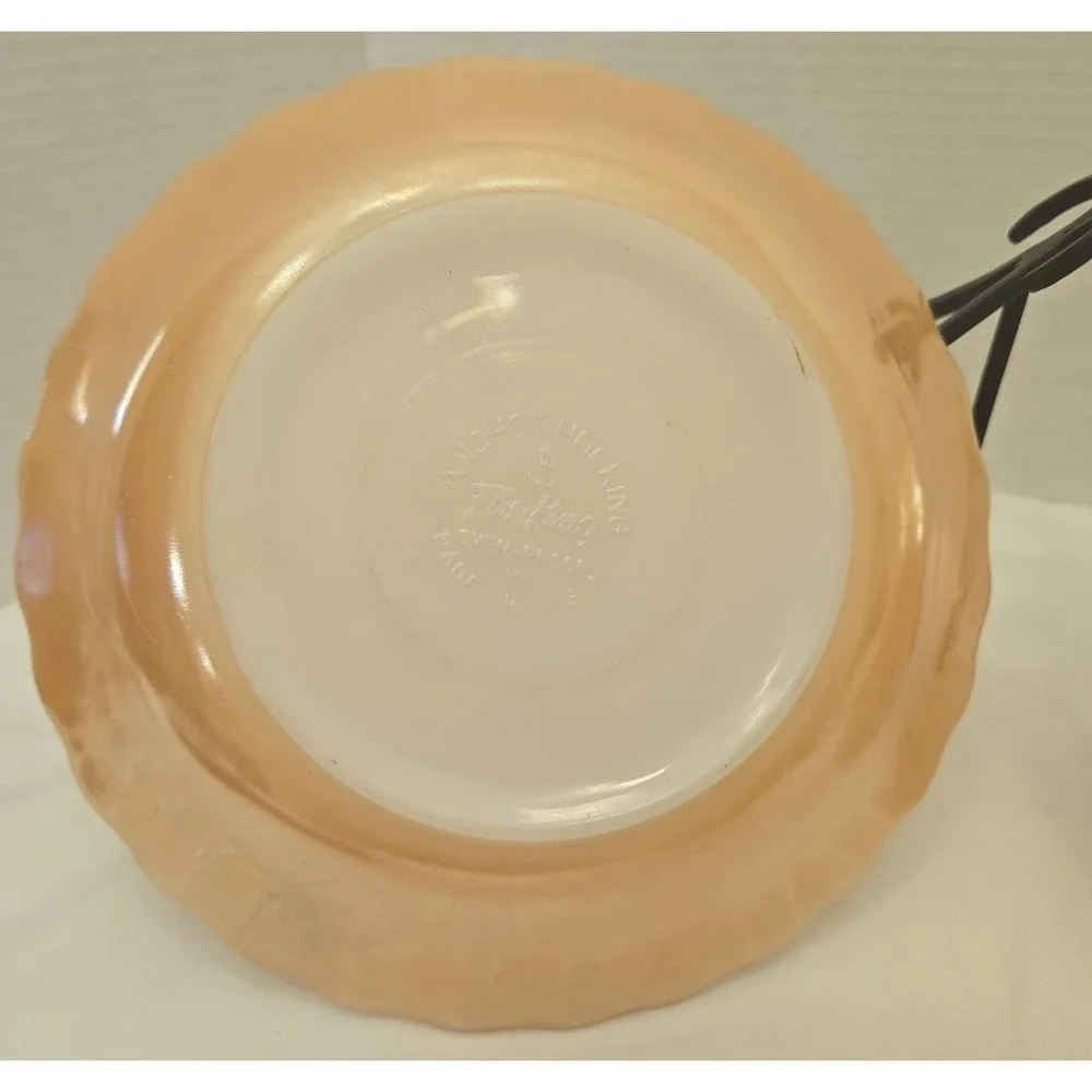 Vtg 2 Fire-King Peach Lustre Swirl Bowls with Meta Scroll Stands Anchor Hocking